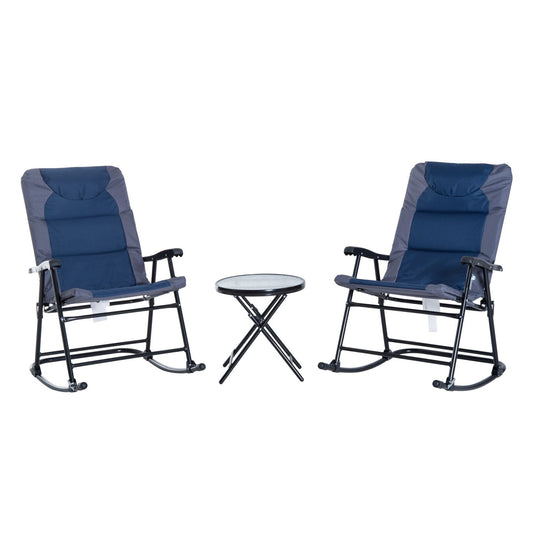 3pc Folding Outdoor Furniture Set, Rocking Chairs, Coffee Table, Blue