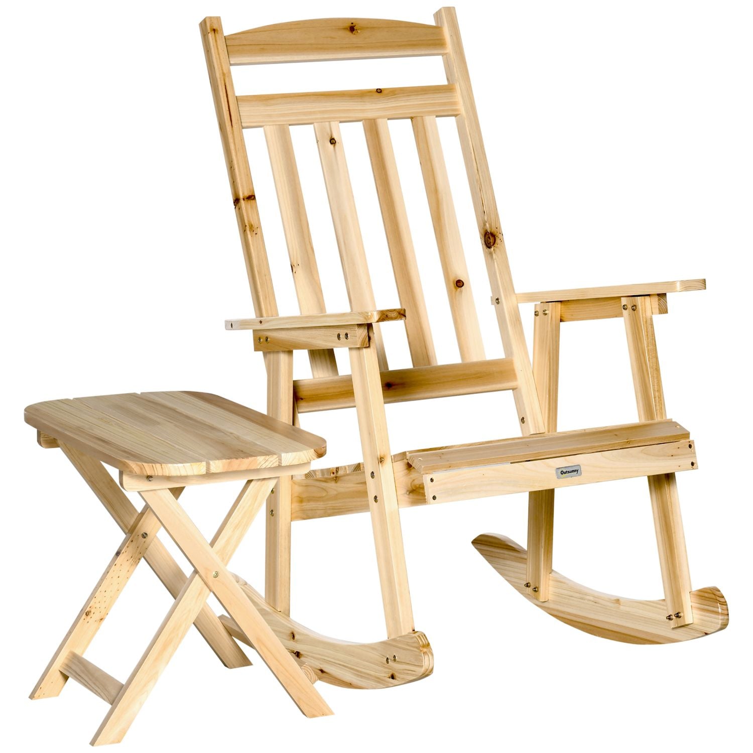 Wooden Rocking Chair Set 2-piece Outdoor Porch Rocker W/ Foldable Table, Natural