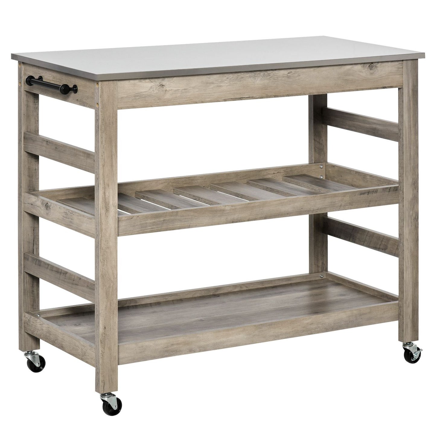 Wood Grain Serving Cart With 1 Bottom Shelf And 1 Middle Slotted Shelf, Grey