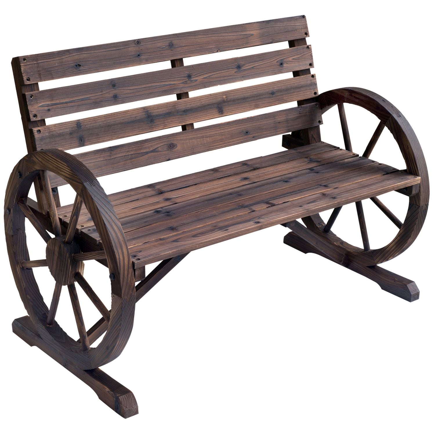 Wagon Wheel Bench, Wooden Outdoor Garden Accent Chair Loveseat, Carbonized