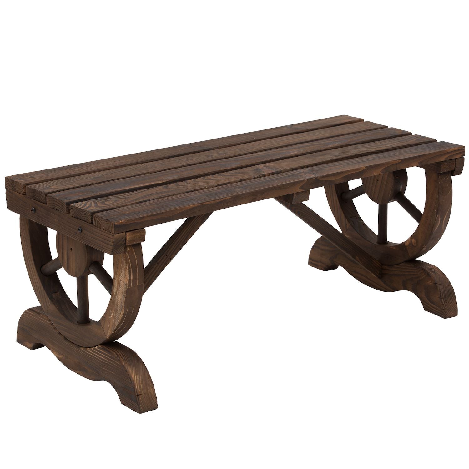 2-person Wooden Outdoor Garden Patio Bench W/ Wagon Wheel Style Legs, Brown