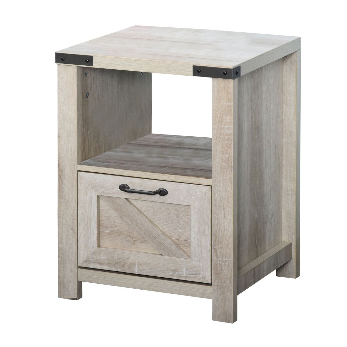 Wooden Freestanding Industrial Side Table With Mulitple Storage Solutions, Oak