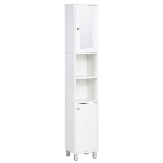 71 Wooden Tall Narrow Bathroom Floor Storage Towel Cabinet W/ Mirror, White