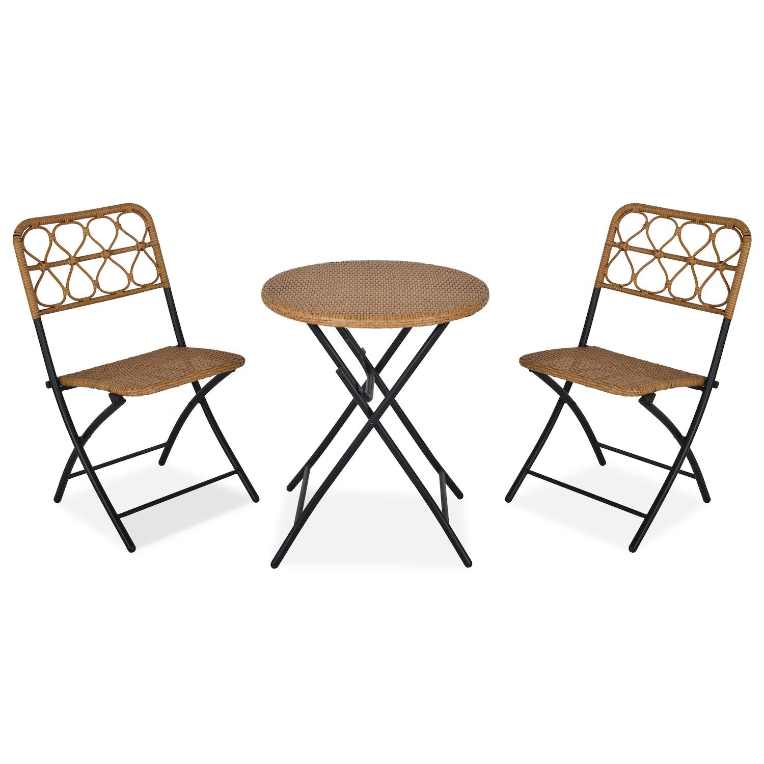 3 Pcs Foldable Rattan Wicker Bistro Set, Coffee Table And Chairs, Brown