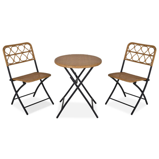 3 Pcs Foldable Rattan Wicker Bistro Set, Coffee Table And Chairs, Brown