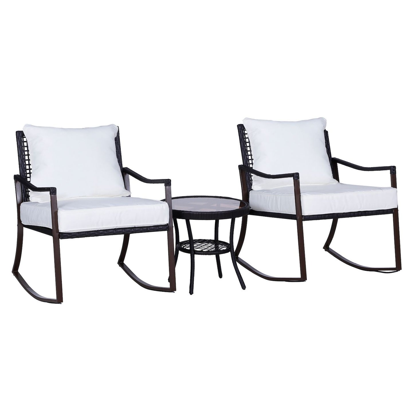 3pc Outdoor Wicker Rocking Chair Set, Pe Rattan, Cushions, Pillows, 2-tier Table