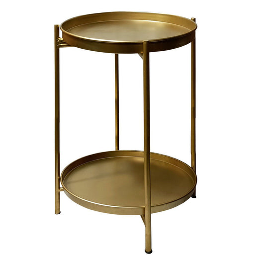 Vica 20 Inch High Round Side End Table With 2 Tier Iron Frame, Matte Gold