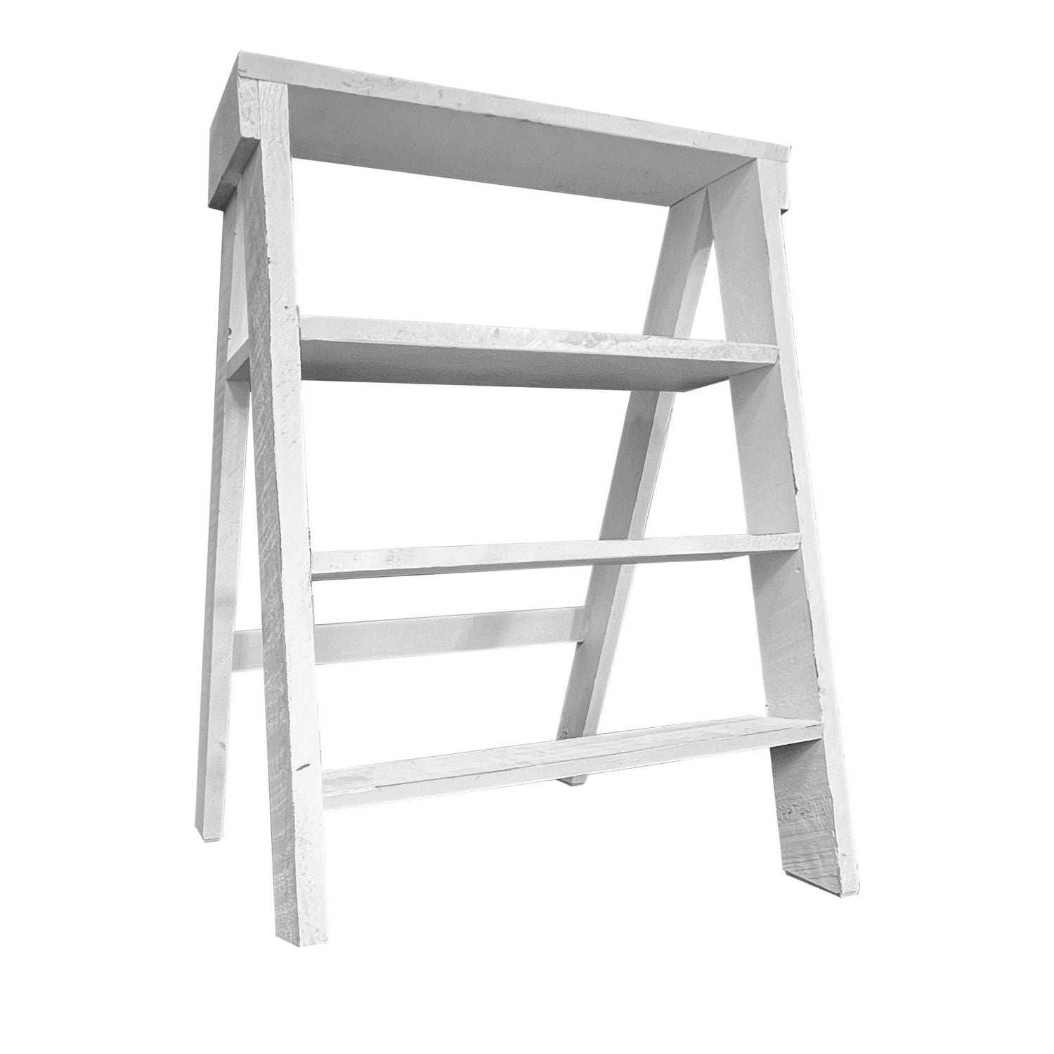 27 Inch Pinewood Ladder Bookcase, 4 Tier Open Shelves, Weathered White