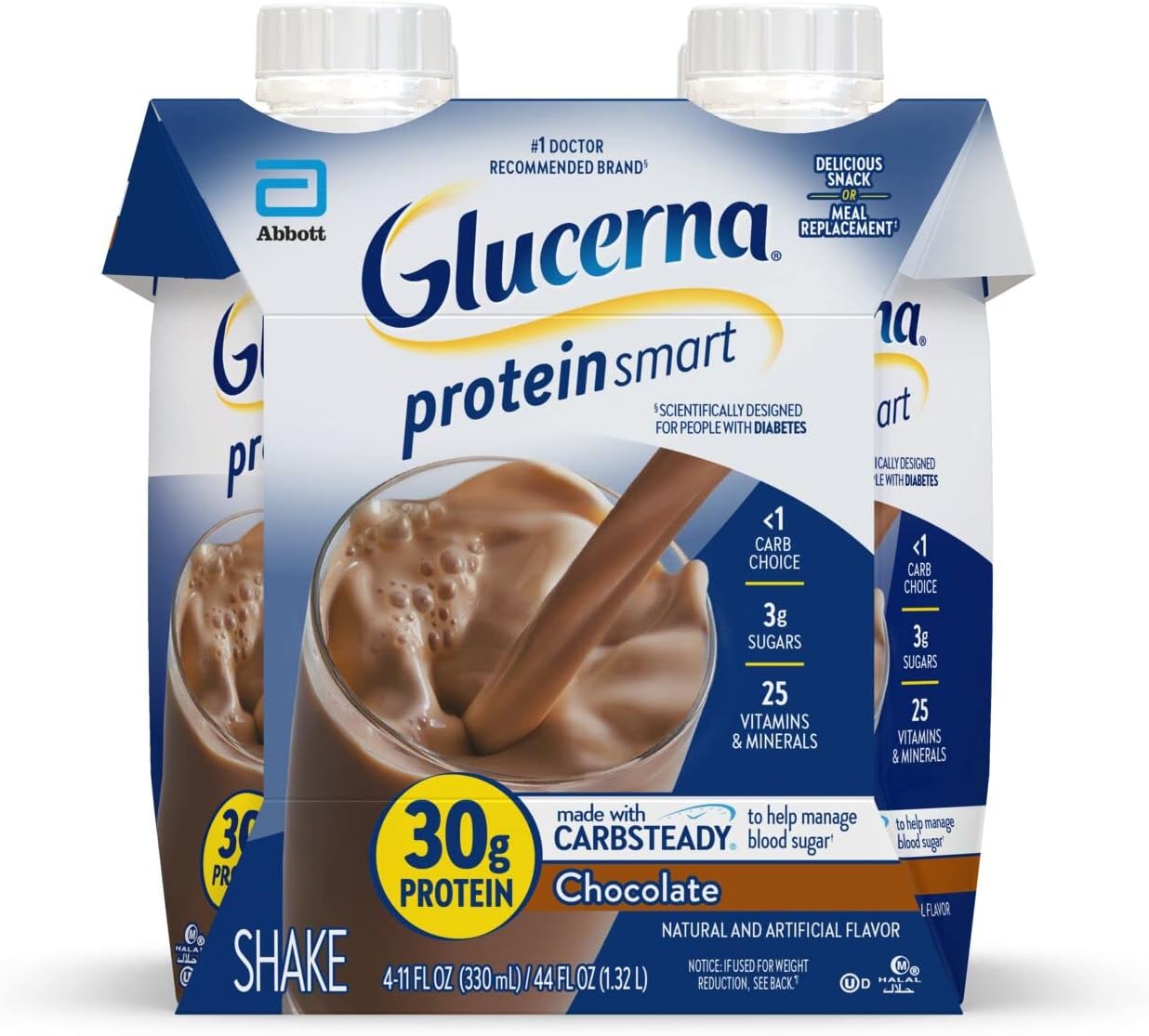 Glucerna Protein Smart Nutritional Shake, Diabetic Protein Drink, Blood Sugar Management, 30g Protein, 150 Calories, Chocolate, 11-fl-oz Carton, 4-Count