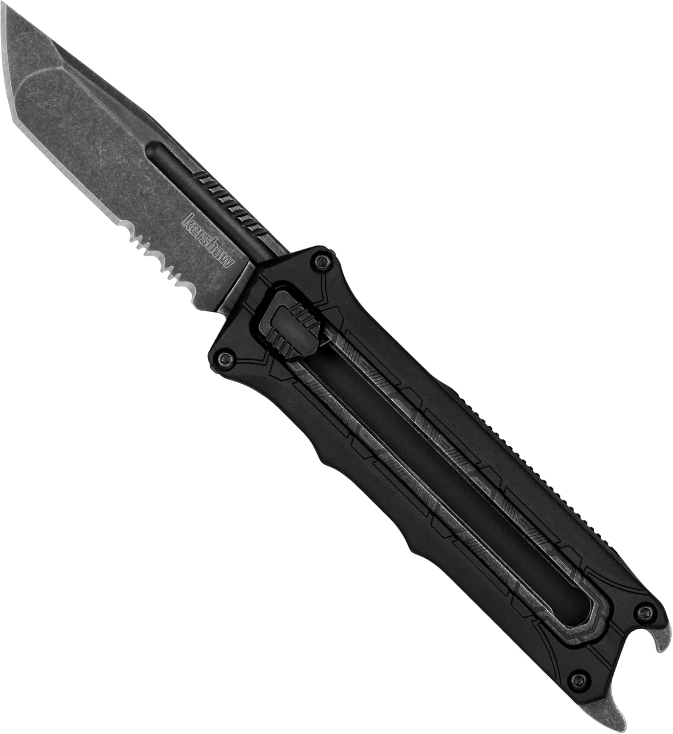 Kershaw Interstellar Pocket Knife, Black Manual OTF Tanto Blade with Serrations, Blackwash Finish with GFN Handle, Bottle Opener & Deep Pocketclip