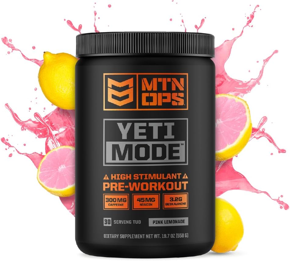 MTN OPS Yeti Mode Pre-Workout Powder - Explosive High-Stimulant with 300mg Caffeine, Creatine Monohydrate, Beta-Alanine, and 45mg Niacin - Pink Lemonade Flavor in 30 Serving Tub