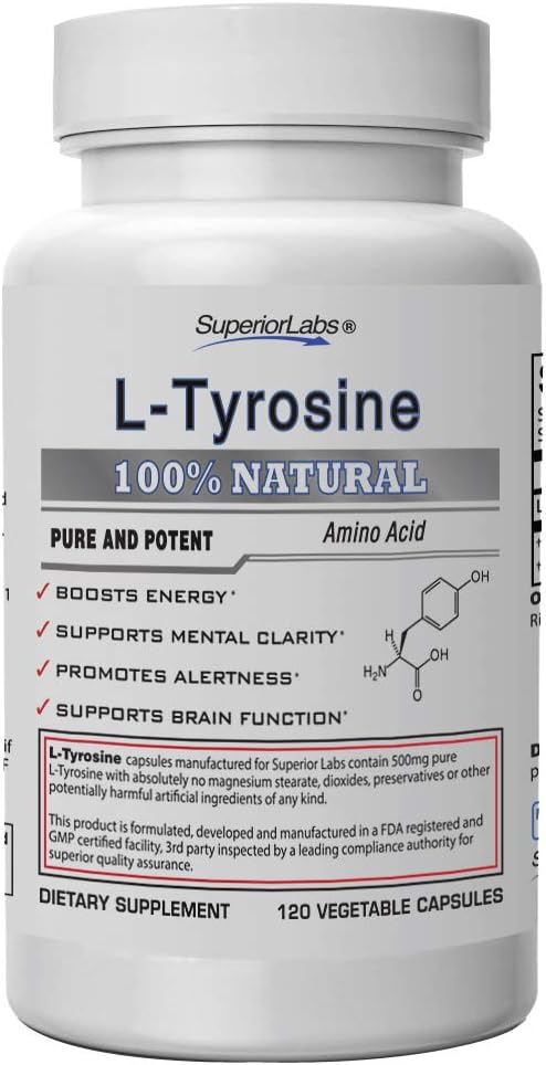 Superior Labs – Pure Natural L-Tyrosine NonGMO – 500 mg, 120 Vegetable Capsules – Supports Mental Clarity – Promotes Alertness – Boosts Energy – Dietary Supplement for Calming and Relaxation