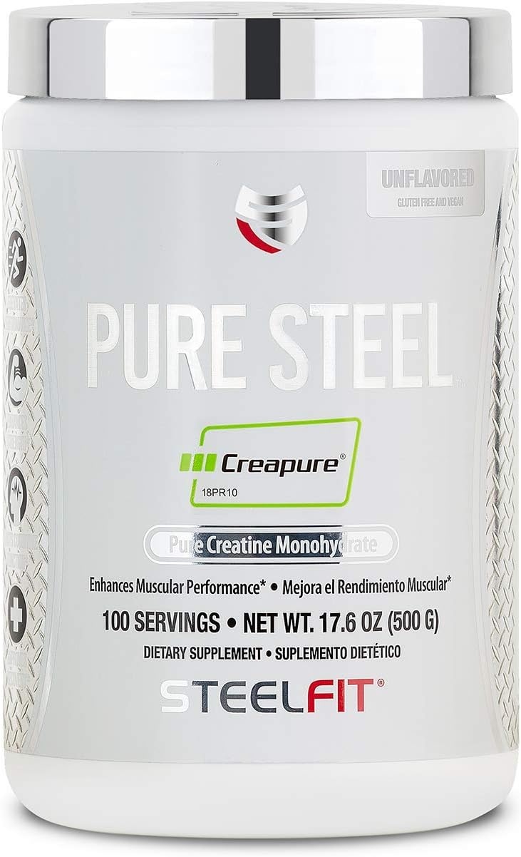 SteelFit Pure Steel Creapure | Pure Creatine Monohydrate Powder | 100 Servings | Unflavored | Muscle Building Supplements for Men & Women | Gluten Free & Vegan Muscle Recovery