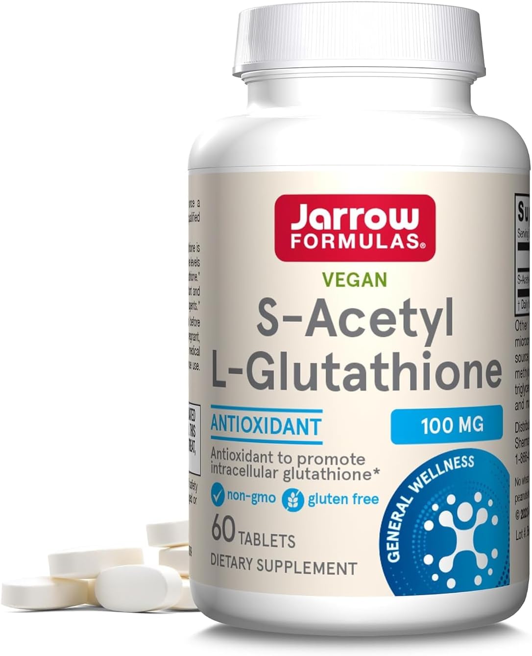 Jarrow Formulas S-Acetyl L-Glutathione Tablets - 100 mg - 60 Count - Dietary Supplement - Stable Form of L-Glutathione - for Antioxidant Support and Detoxification - Non-GMO - Gluten Free