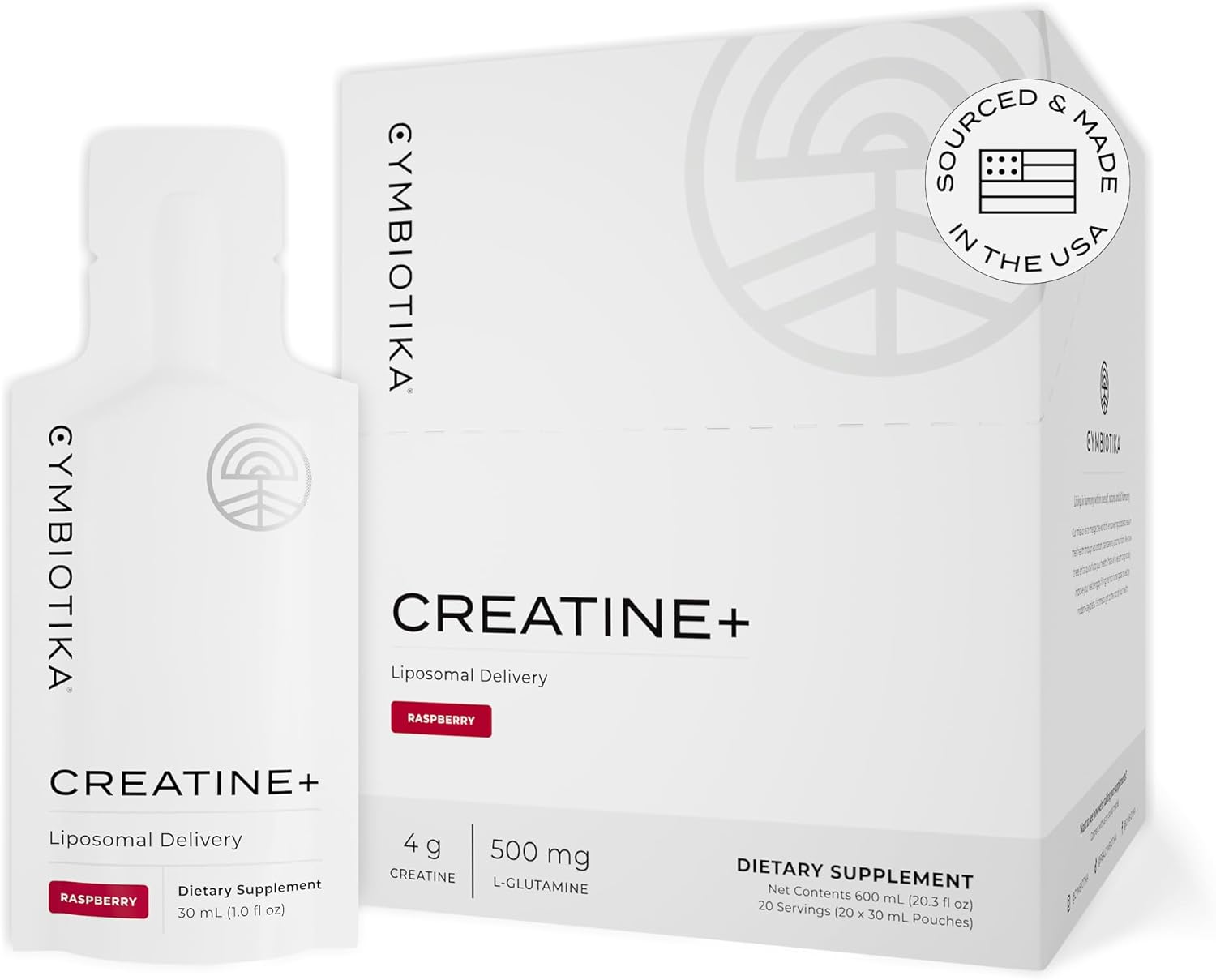 CYMBIOTIKA Creatine+, Creatine and Glutamine Supplement for Amino Energy, Recovery, Muscle Mass & Brain Support, Liposomal Delivery, Gluten Free & Vegan, Raspberry Flavor - 30ml Pouches (Pack of 20)