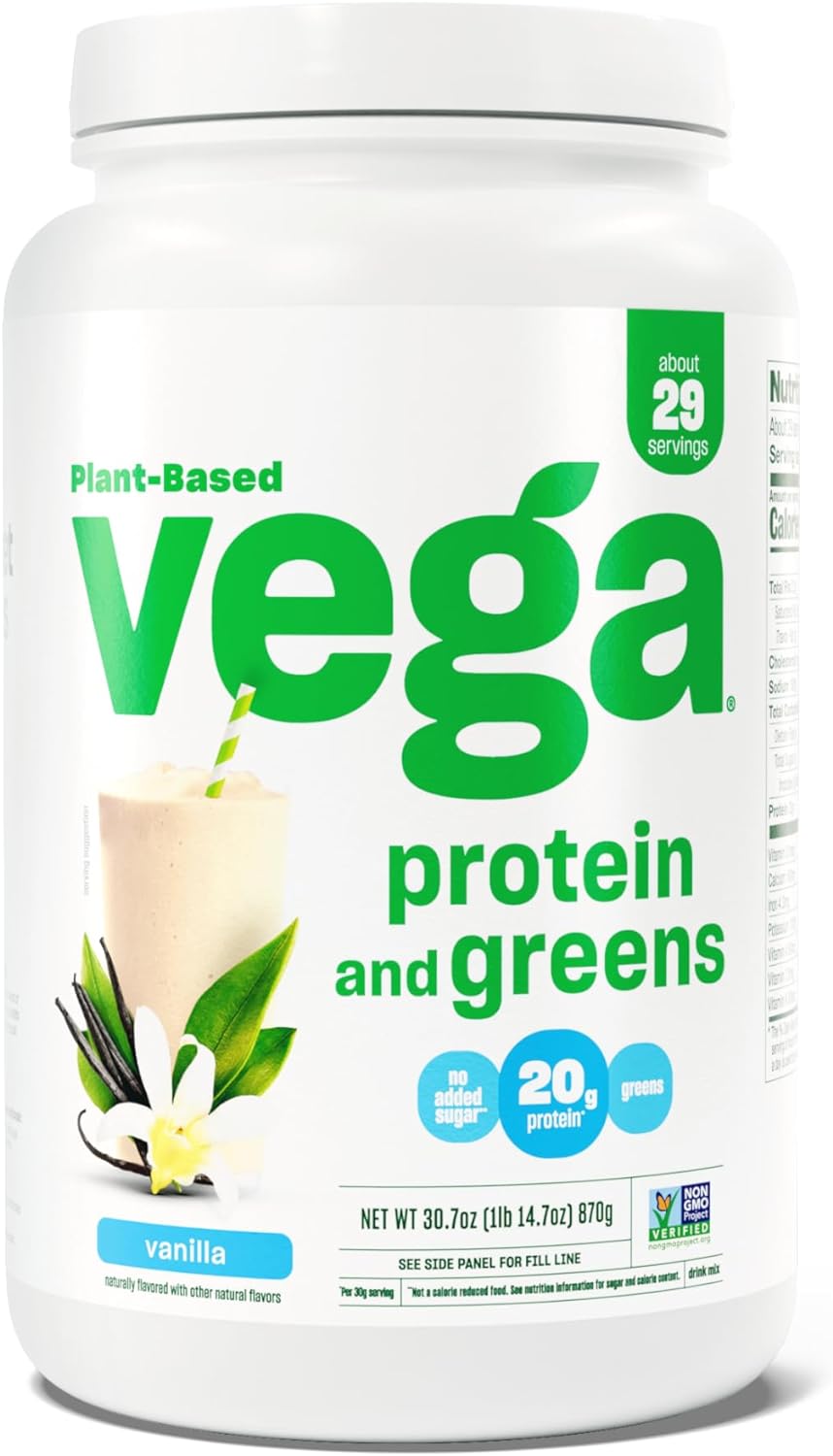 Vega Protein and Greens Protein Powder, Vanilla - 20g Plant Based Protein Plus Veggies, Vegan, Non GMO, Pea Protein for Women and Men, 1.9lbs