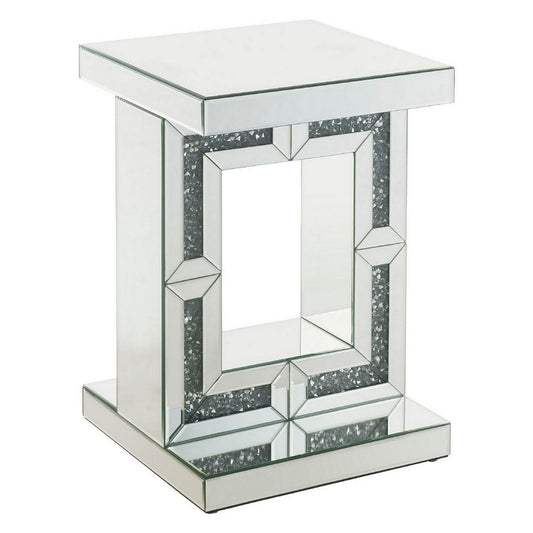 Accent Table with Open Geometric Base and Acrylic Diamond Inlay, Silver