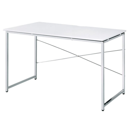 Writing Desk with X Shaped Cross Bar and Chrome Finish, White