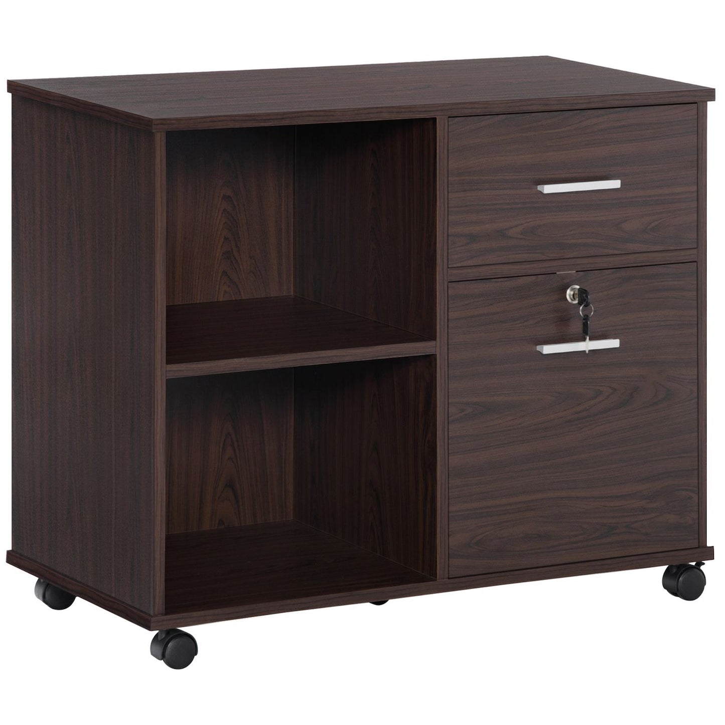 Vinsetto Lateral File Cabinet with Wheels, Mobile Printer Stand with Open Shelves and Drawers for A4 Size Documents, Walunt