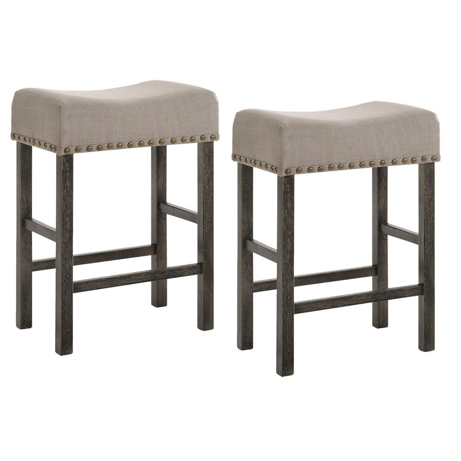 Wooden Counter Height Stool with Linen Upholstered Saddle Seat, Set of 2, Beige and Gray