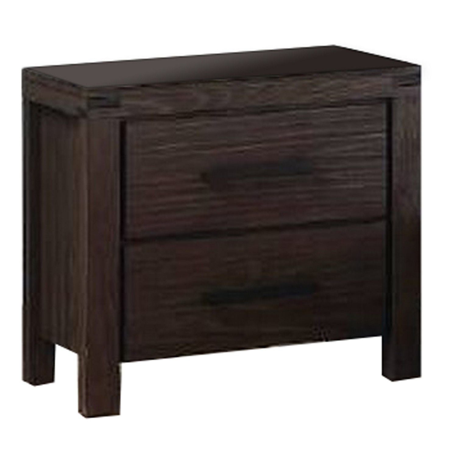 Wooden Nightstand with Metal Bar Handles and Two Drawers, Dark Brown