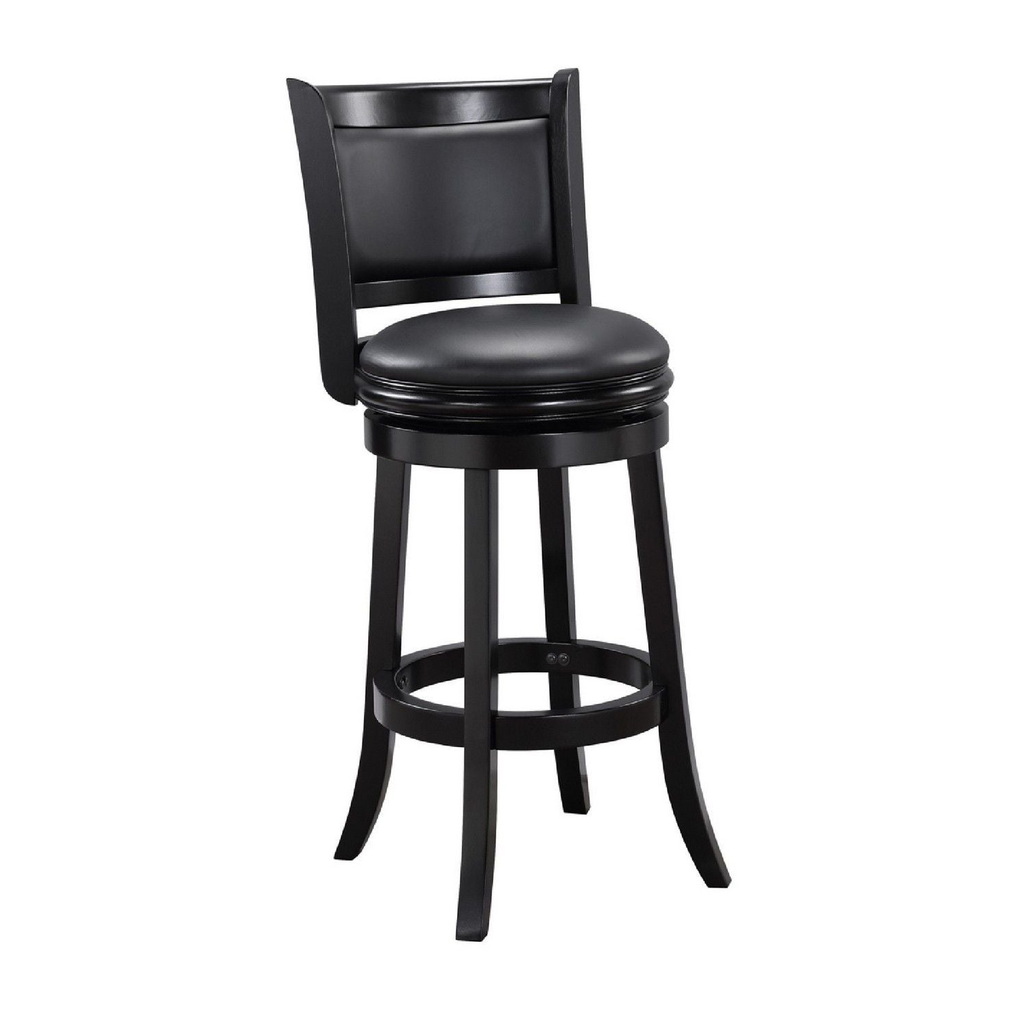 29 Inch Pio Solid Wood  Swivel Barstool, Vegan Faux Leather, Curved Backrest, Black