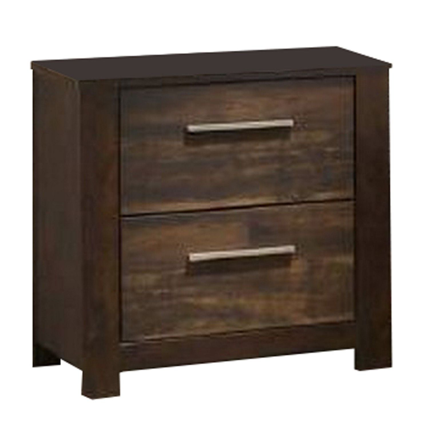 Wooden Nightstand with Two Drawers and Metal Bar Handles, Brown