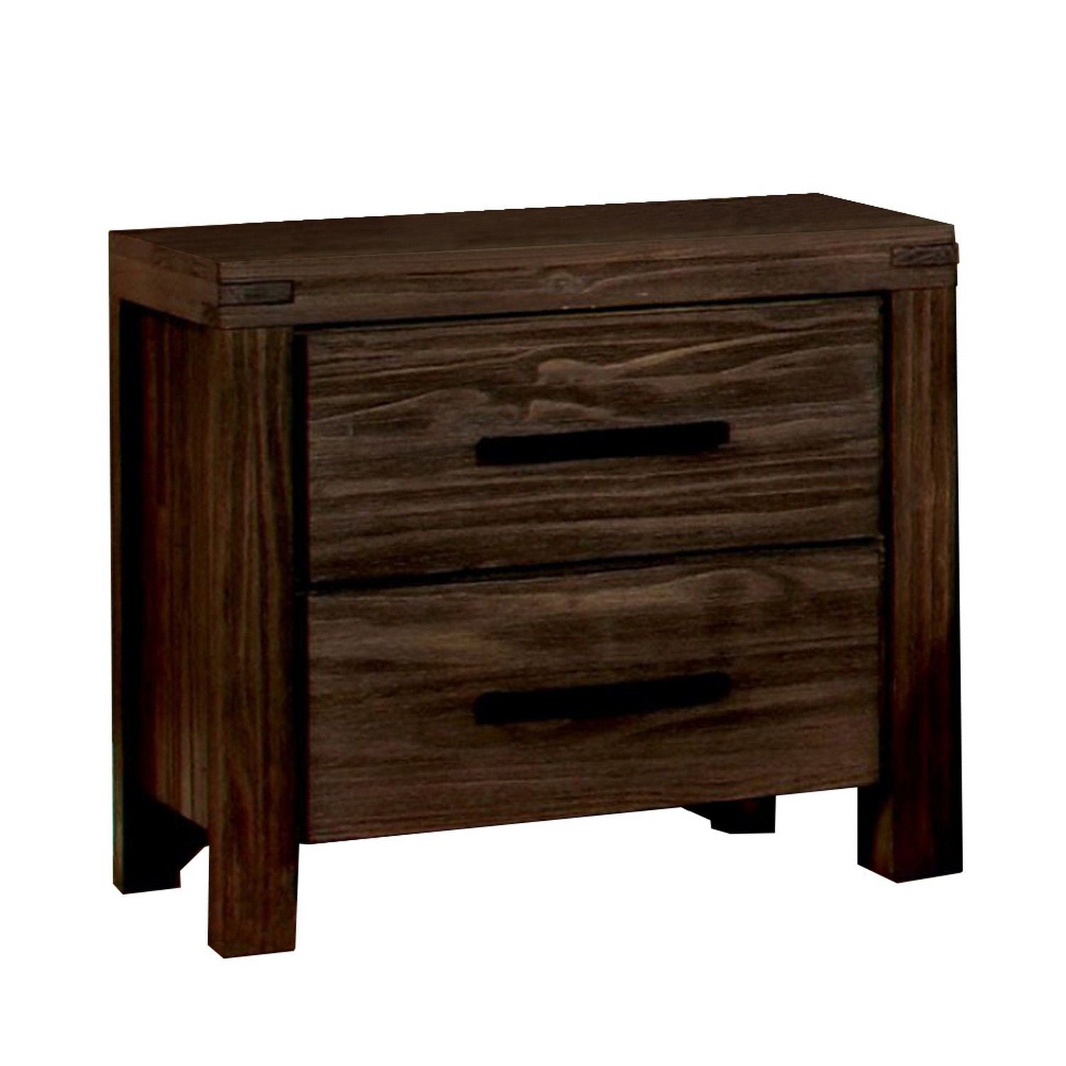 24 Inch 2 Drawer Wood Nightstand, Wire Brushed Grain Finish, Dark Brown