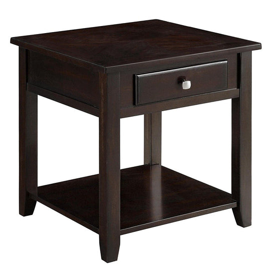 Wooden End Table With Drawer and Bottom Shelf, Walnut Brown