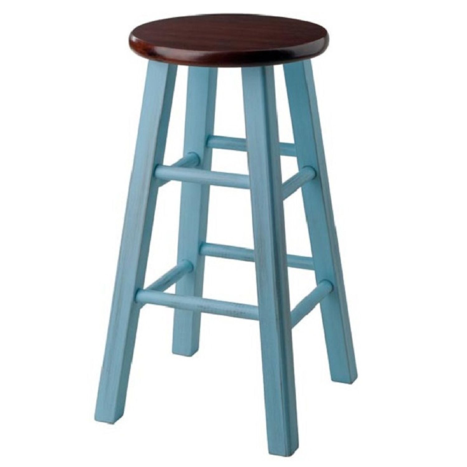 24” Rustic Light Blue Round Counter Stool with Walnut Seat