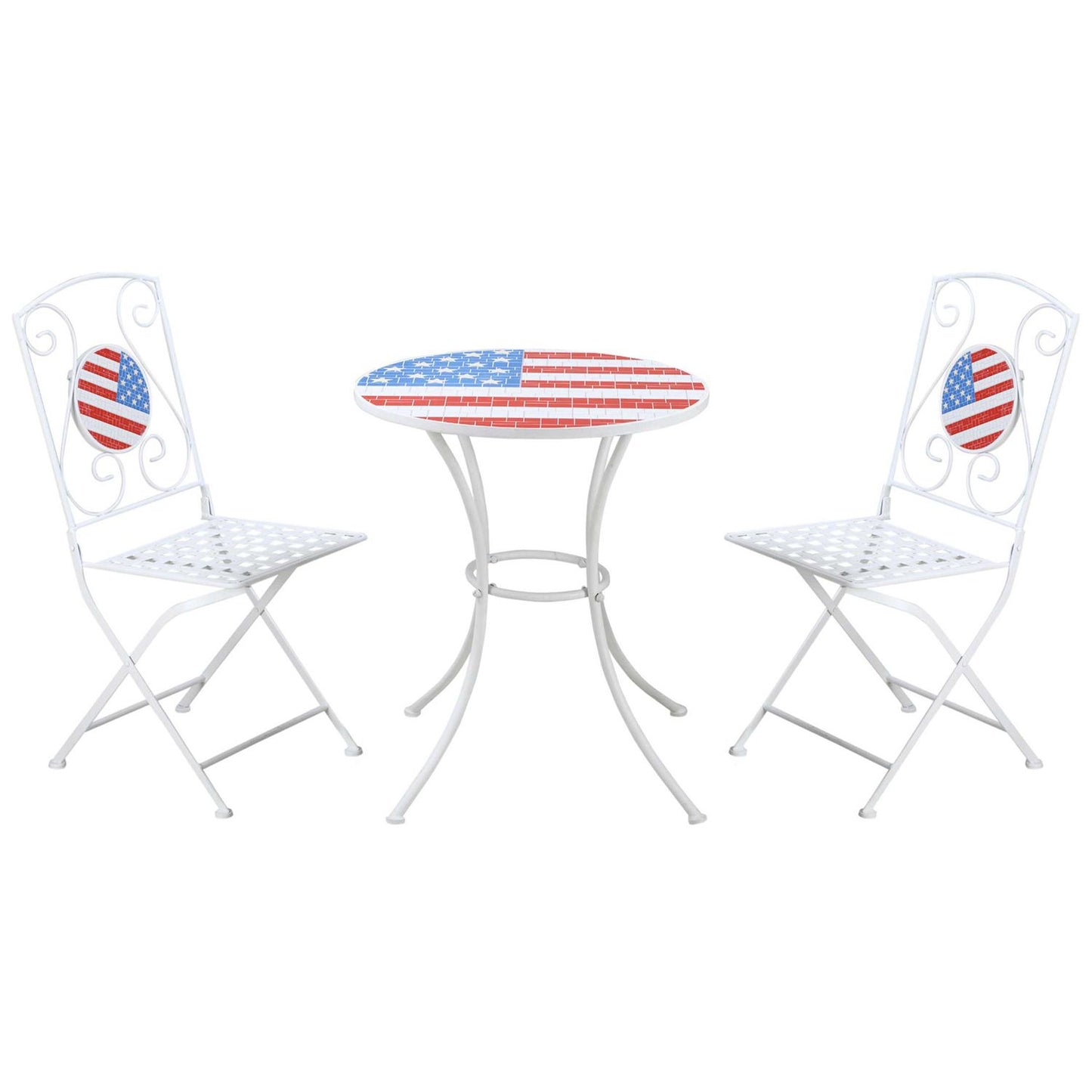 3pc Outdoor Patio Dining Set, Folding Chair 2, Table, American Flag Mosaic