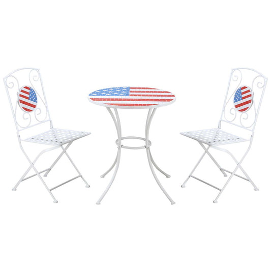 3pc Outdoor Patio Dining Set, Folding Chair 2, Table, American Flag Mosaic