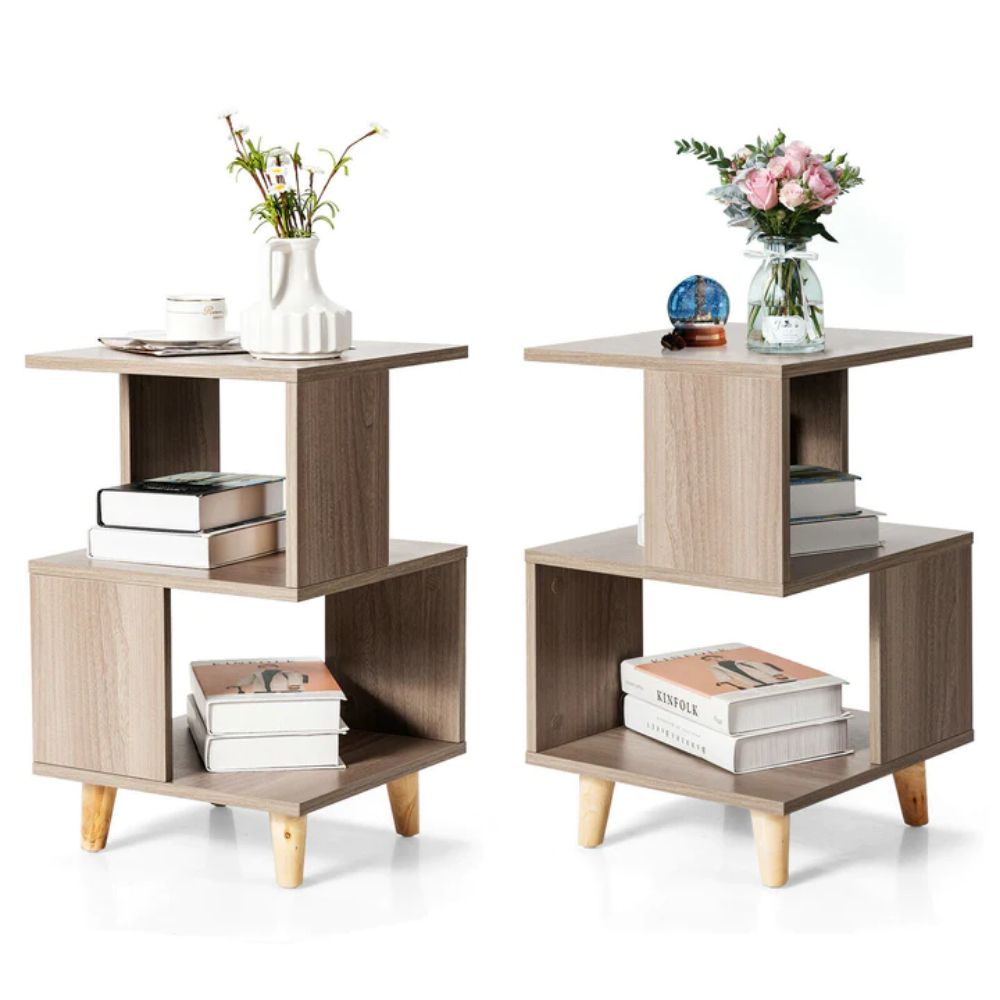 2 Pieces Wooden Modern Nightstand Set with Solid Wood Legs for Living Room