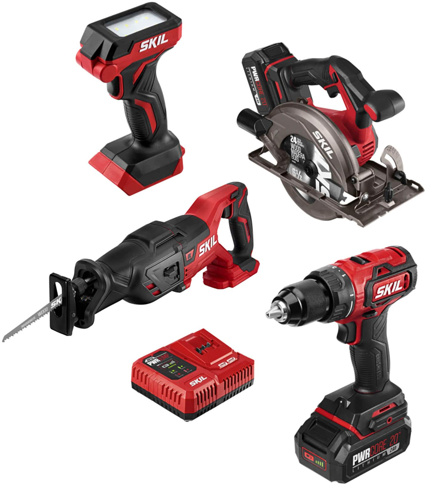 PWR CORE 20 Brushless 20V 4-Tool Kit: Drill Driver, Reciprocating Saw, Circular Saw and LED Light