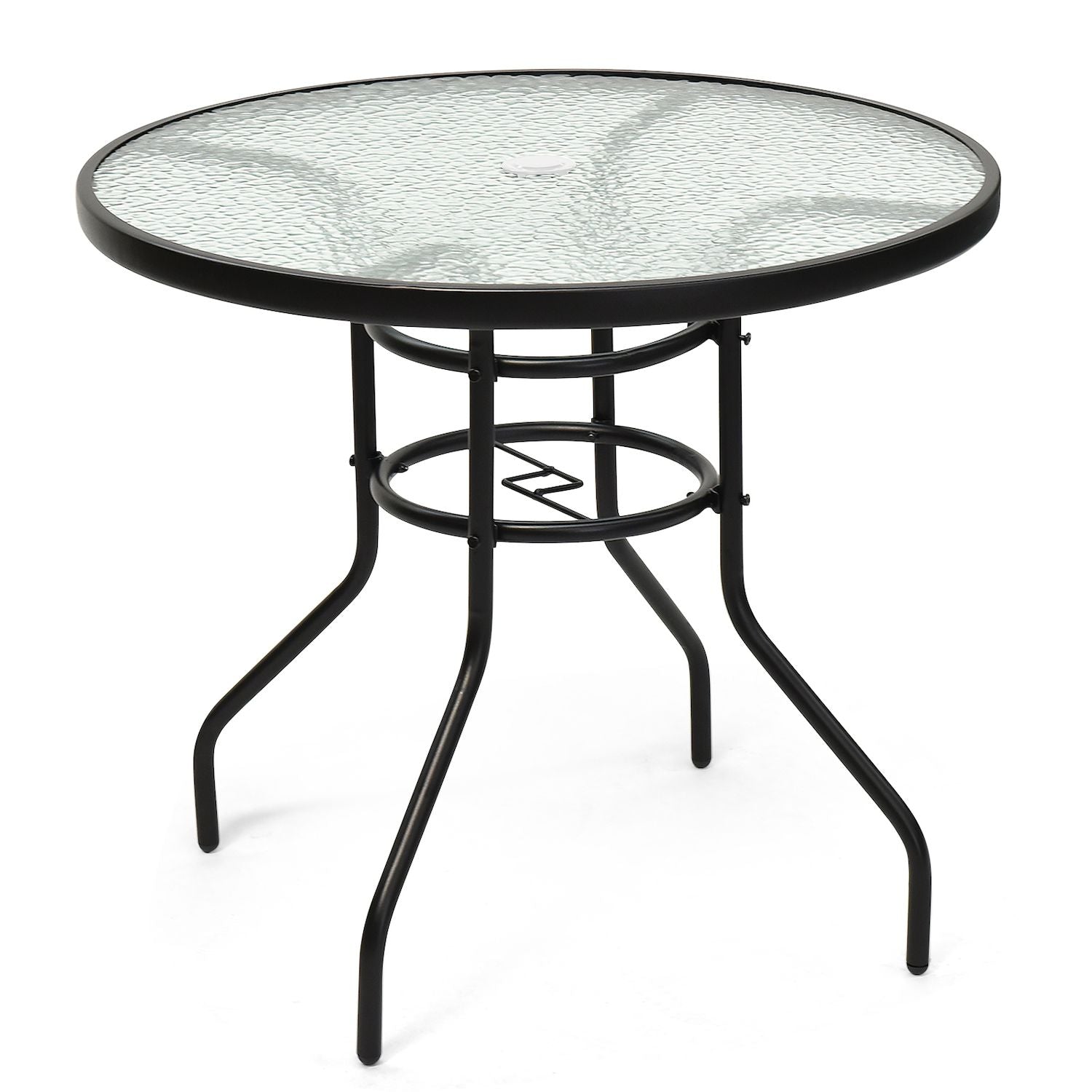 32 Inch Patio Tempered Glass Steel Frame Round Table with Convenient Umbrella Hole