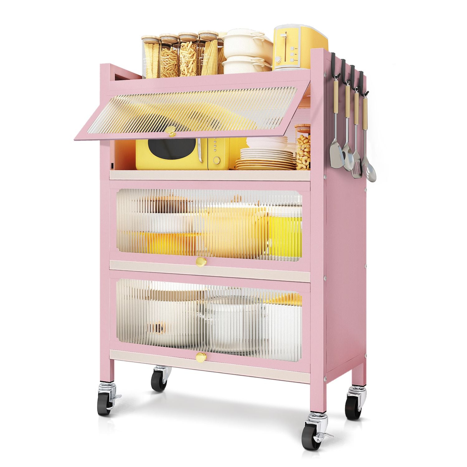 45.7&apos;&apos; Tall 3 Door Accent Cabinet, 4 Tier Kitchen Organizer Shelf, Pink