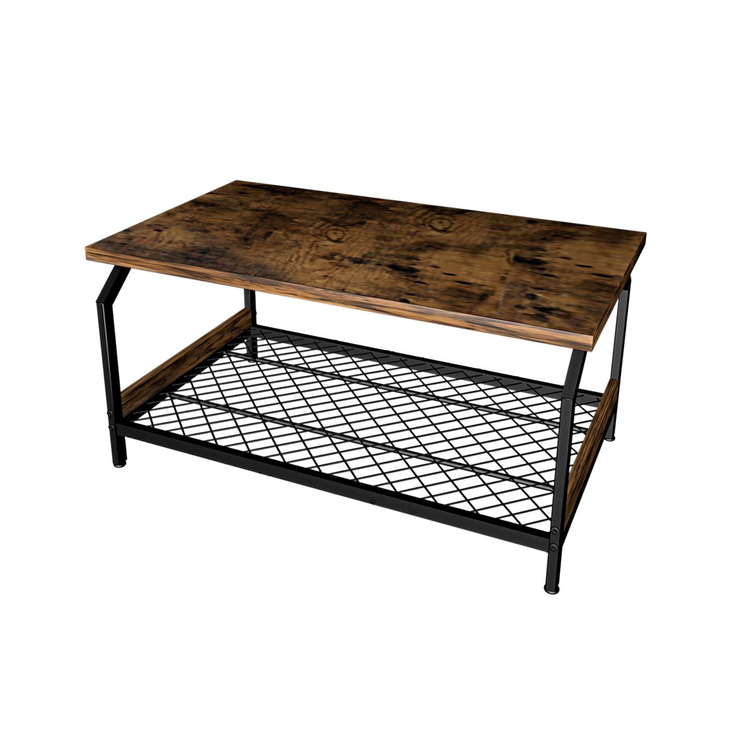 42 inch Brown Wood Coffee Table with Large Iron Storage Shelf