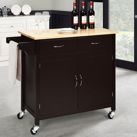 Costway Modern Rolling Kitchen Island Cart Wood Top Storage Trolley with Storage Drawers