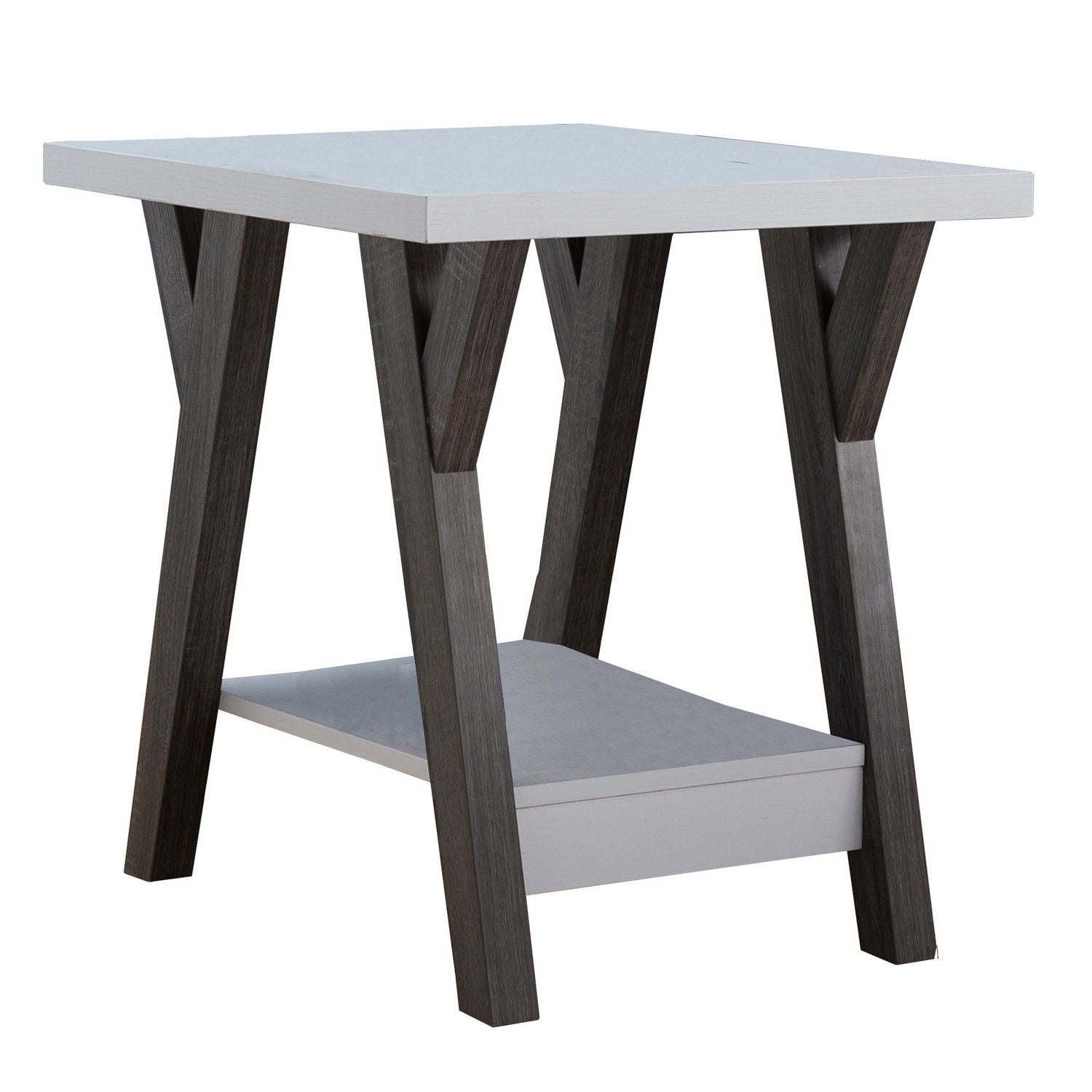 22 Inch Two Tone End Table with Bottom Shelf, White and Gray