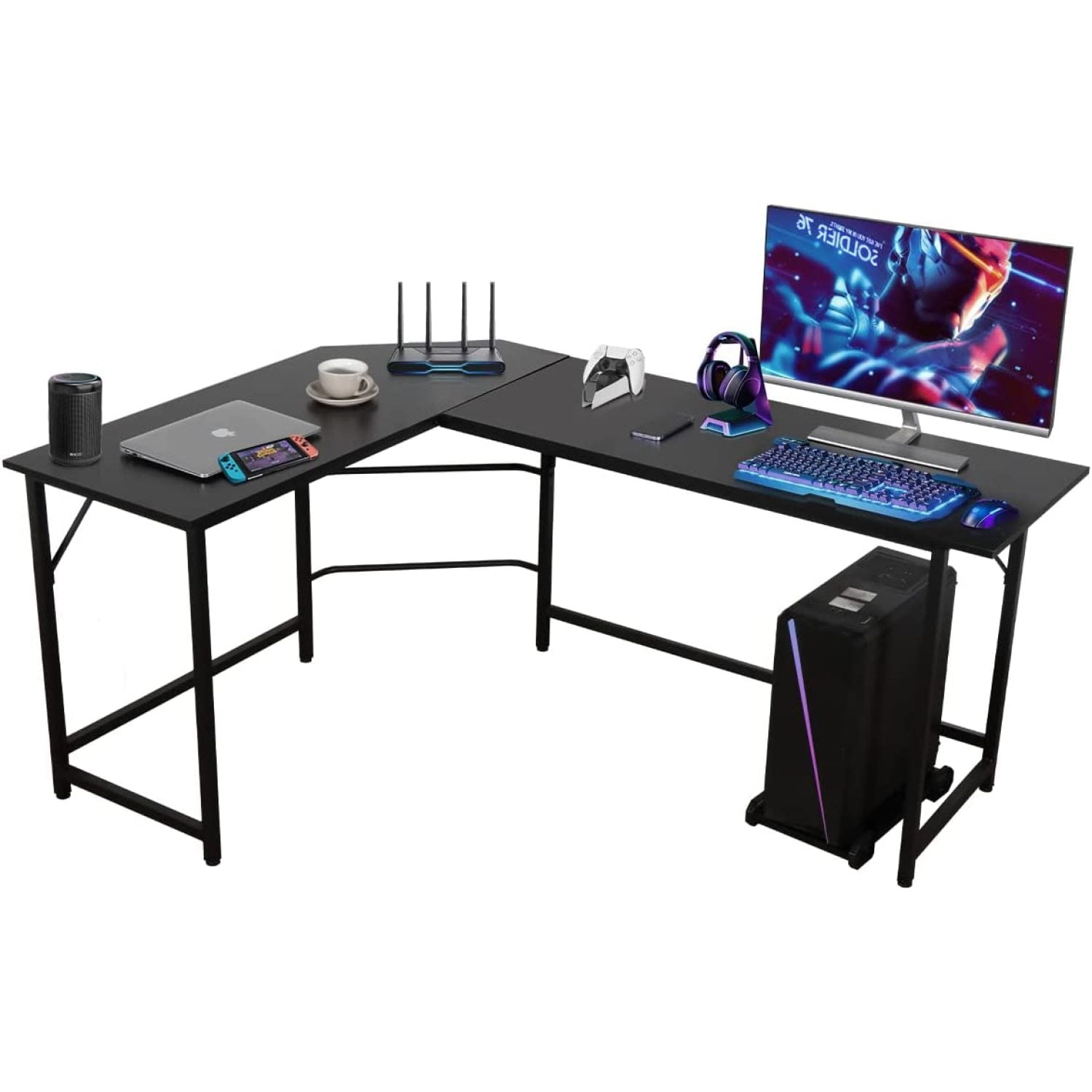 66" Modern L-Shaped Corner Computer Desk Home Office LaptopTable Gaming Workstation with CPU Stand 66.5'' x 47.3'' x 29.3'' (Black)