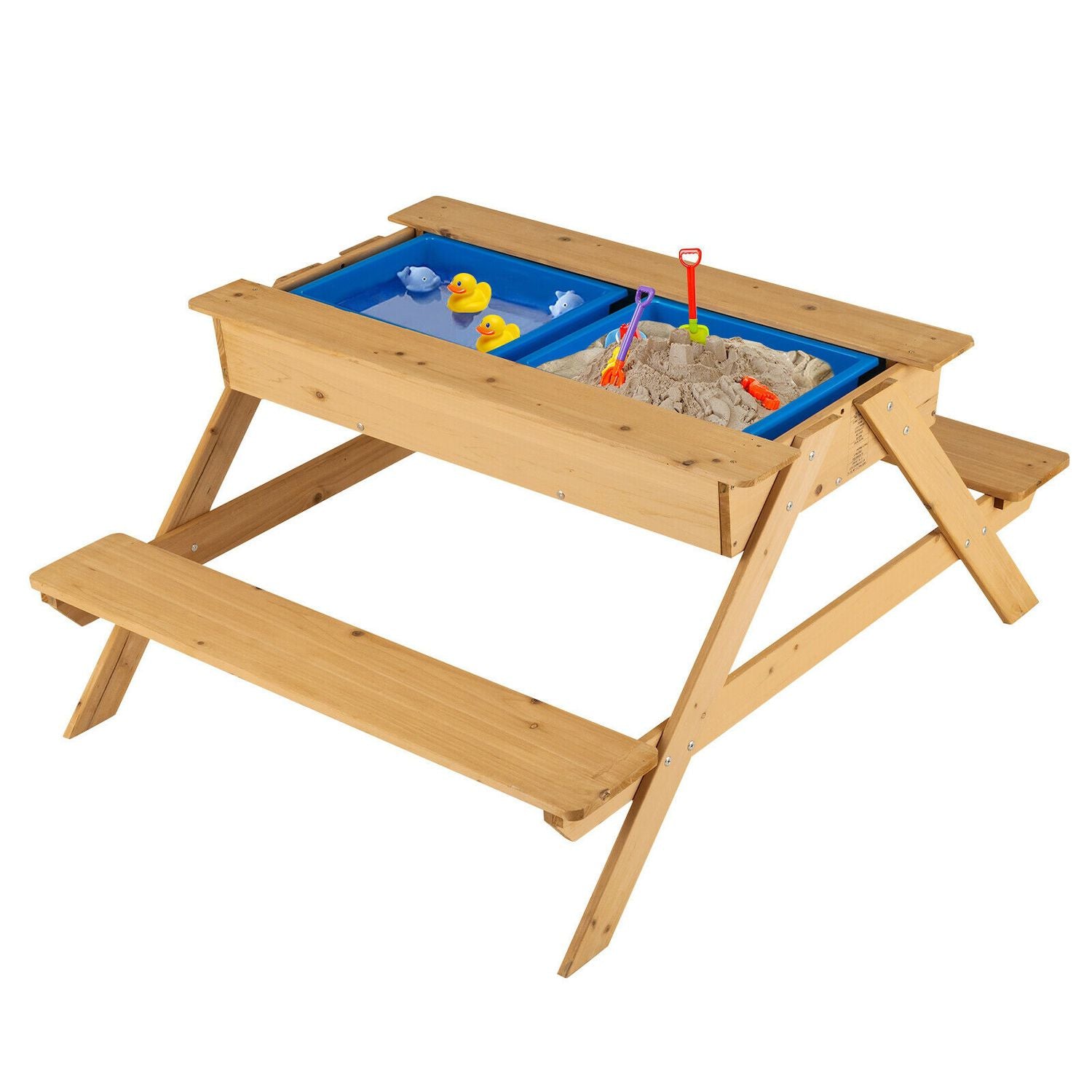 3-in-1 Kids Picnic Table Wooden Outdoor Water Sand Table with Play Boxes