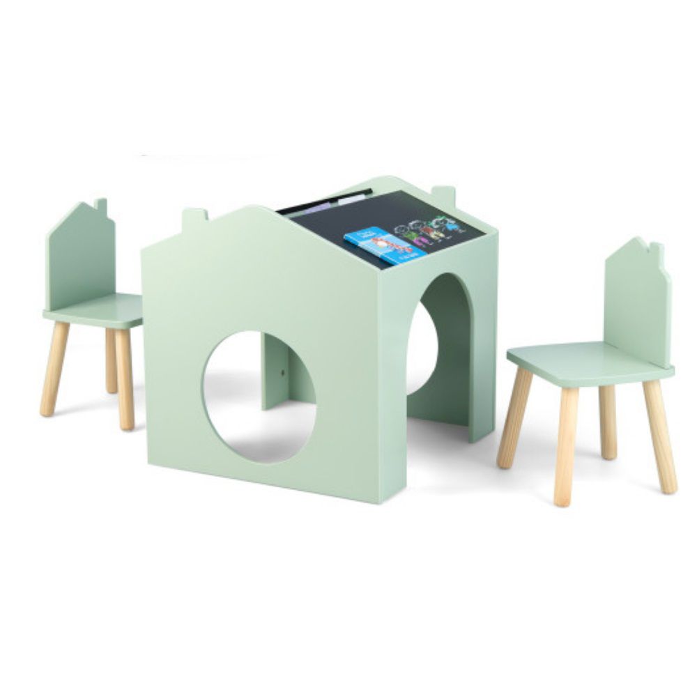 3 Pieces Wooden Kids Table and Chair Set-Green