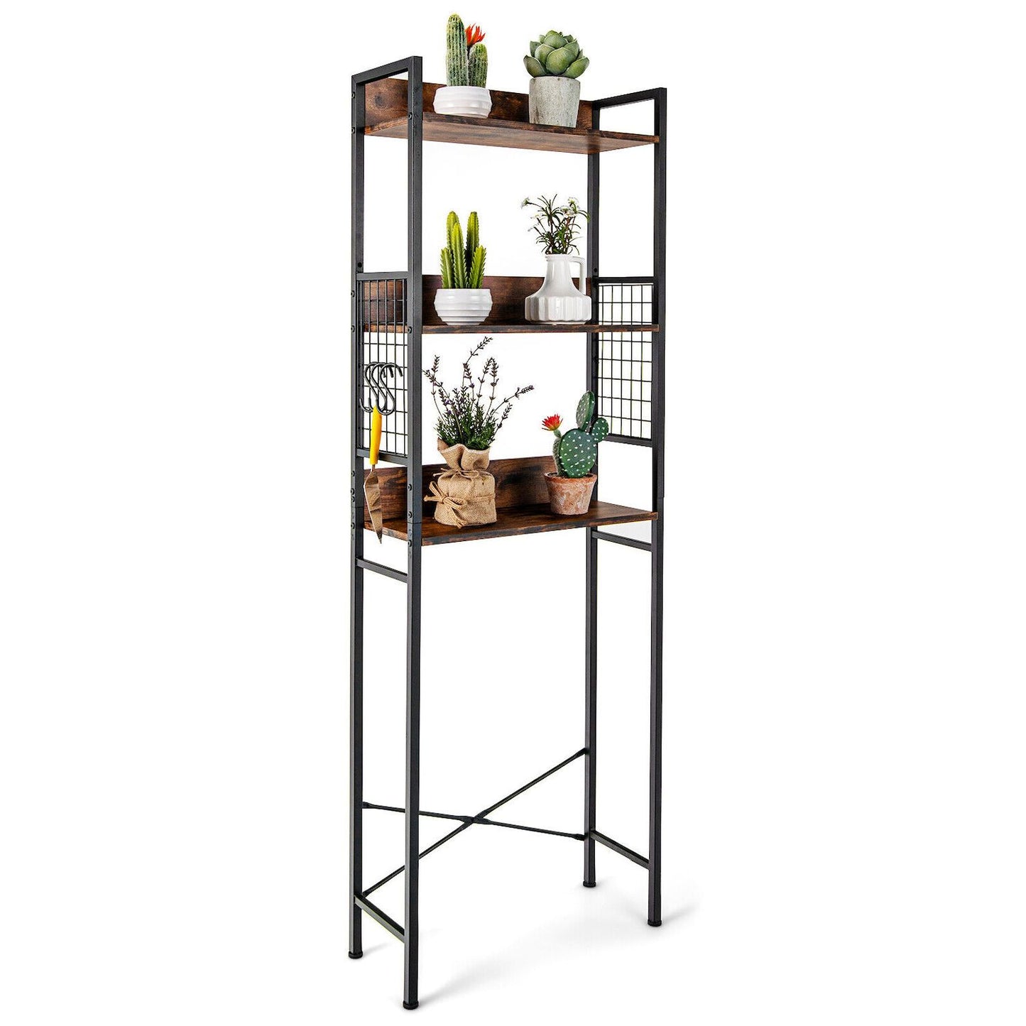 3-Tier Over-the-Toilet Storage Rack with 3 Hooks-Rustic Brown