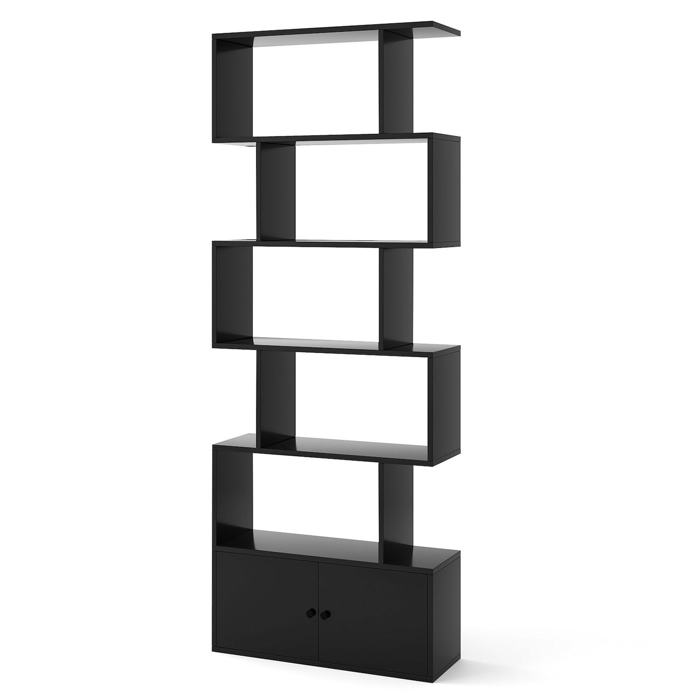 6-Tier S-Shaped Freestanding Bookshelf with Cabinet and Doors