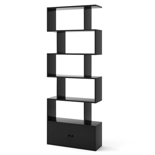 6-Tier S-Shaped Freestanding Bookshelf with Cabinet and Doors