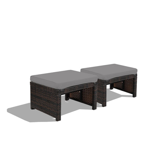 2 Pieces Patio Rattan Ottomans with Soft Cushion for Patio and Garden