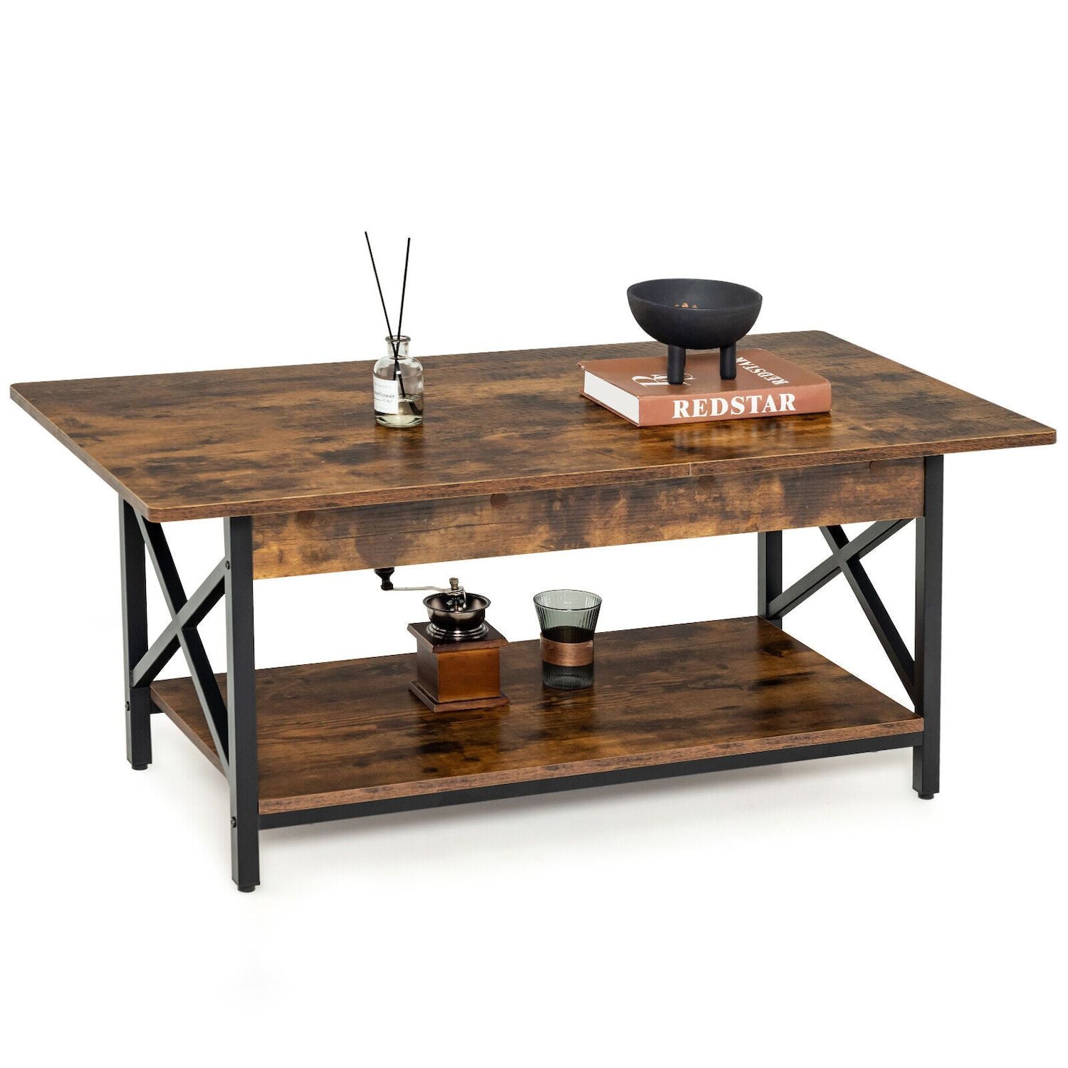 2-Tier Industrial Rectangular Coffee Table with Storage Shelf