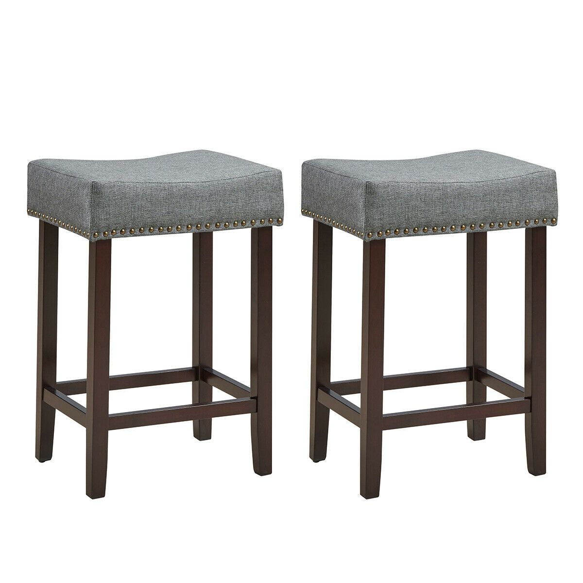 2 Pieces Nailhead Saddle Bar Stools with Fabric Seat and Wood Legs