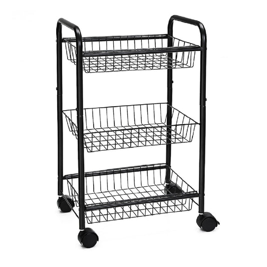 3-tier Metal Rolling Cart on Wheels with Baskets, Lockable Utility Trolley with Handles