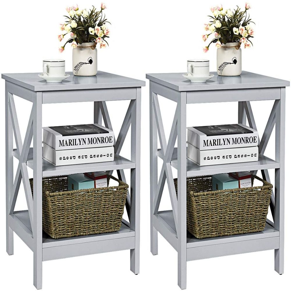 2 Piece 3-Tier X-Design Nightstands with Storage Shelves for Living Room Bedroom